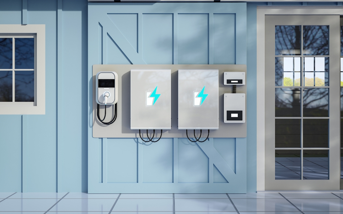 a blue door with a white panel with electrical boxes and wires